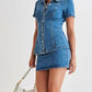 Stylish Denim Short Sleeve Light Blue Fitted Skirt Set