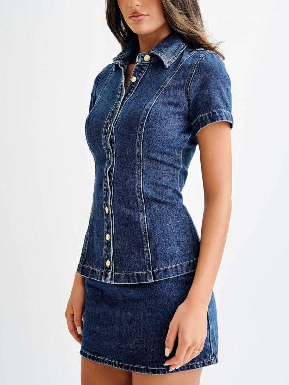 Stylish Denim Short Sleeve Fitted Skirt Set