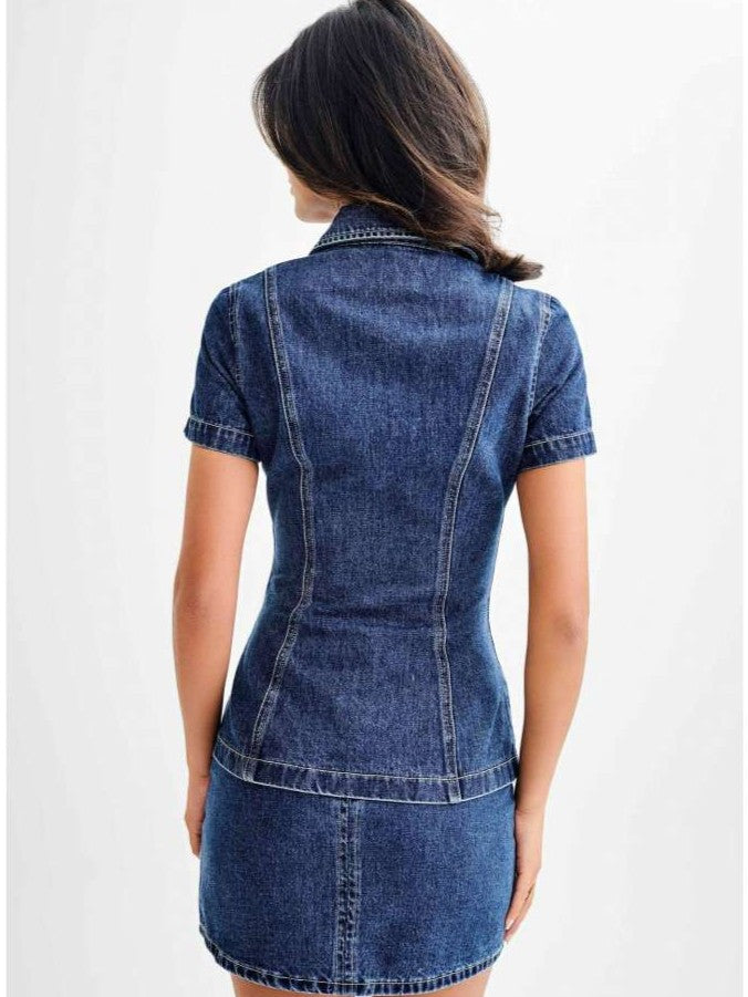 Stylish Denim Short Sleeve Fitted Skirt Set
