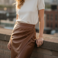 Stylish Faux Leather Wrap Midi Skirt