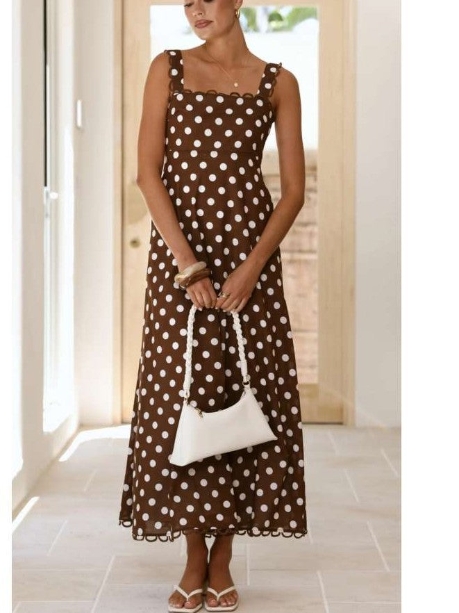 Stylish Polka Dots A Line Coffee Maxi Dress