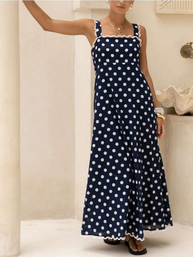 Stylish Polka Dots A Line Blue Maxi Dress