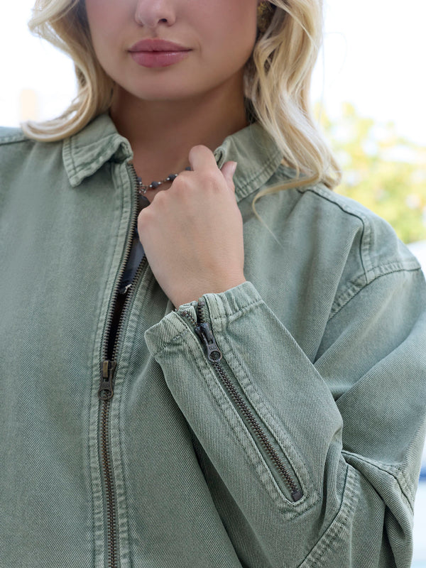 Stylish Green Zip Decor Jacket