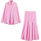 Stylish Oversized Striped Shirt With Pink Midi Skirt Set
