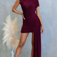 Stylish Party Wear Asymetric Ruched Mini Wine Red Dress