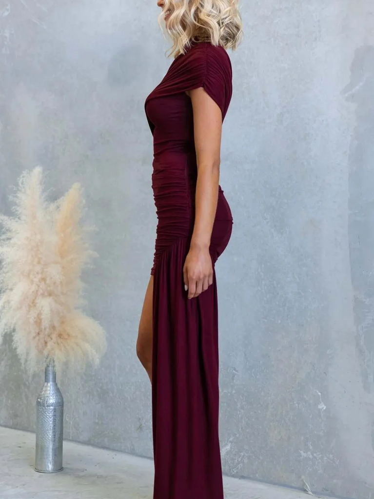 Stylish Party Wear Asymetric Ruched Mini Wine Red Dress