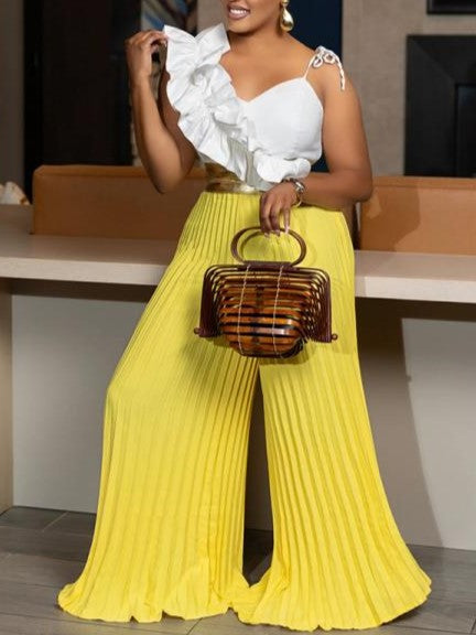 Stylish Pleated Ruffle Wide Leg Jumpsuit