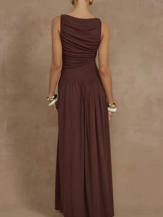 Stylish Ruched Brown Sleeveless Maxi Dress