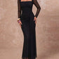 Stylish Square Neck Long Sleeve Black Bodycon Maxi Dress