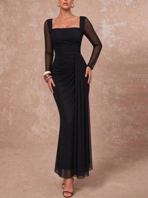 Stylish Square Neck Long Sleeve Black Bodycon Maxi Dress