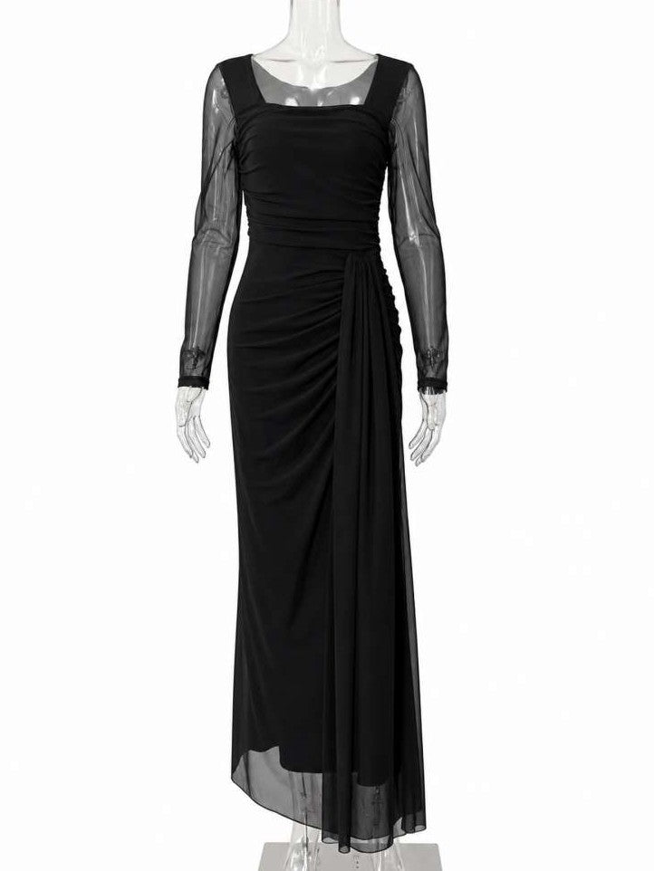 Stylish Square Neck Long Sleeve Black Bodycon Maxi Dress