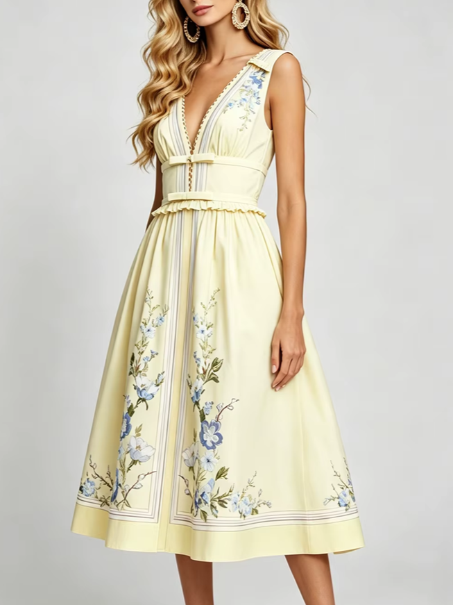 Suave V Neck Bow Ruffle Sleeveless Slim Printed Holiday Dress