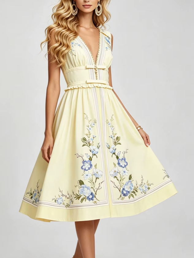 Suave V Neck Bow Ruffle Sleeveless Slim Printed Holiday Dress