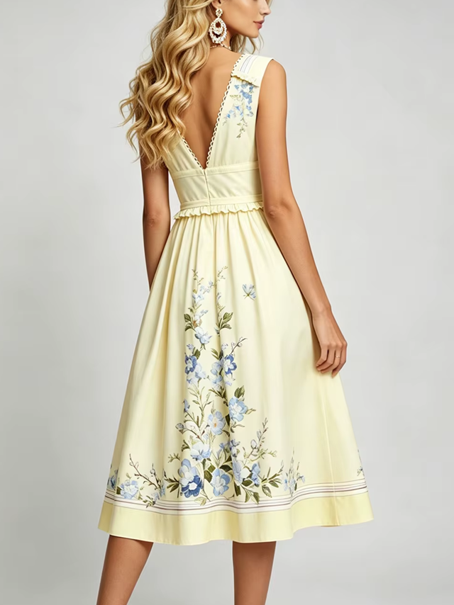 Suave V Neck Bow Ruffle Sleeveless Slim Printed Holiday Dress