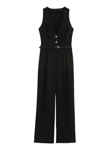 Suave V Neck Tailored Wide Leg Jumpsuit With Belt