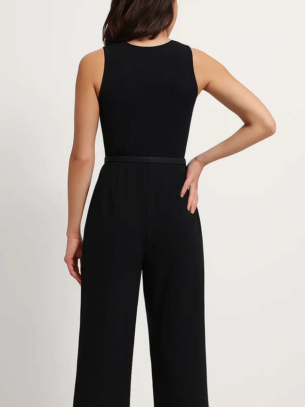 Suave V Neck Tailored Wide Leg Jumpsuit With Belt