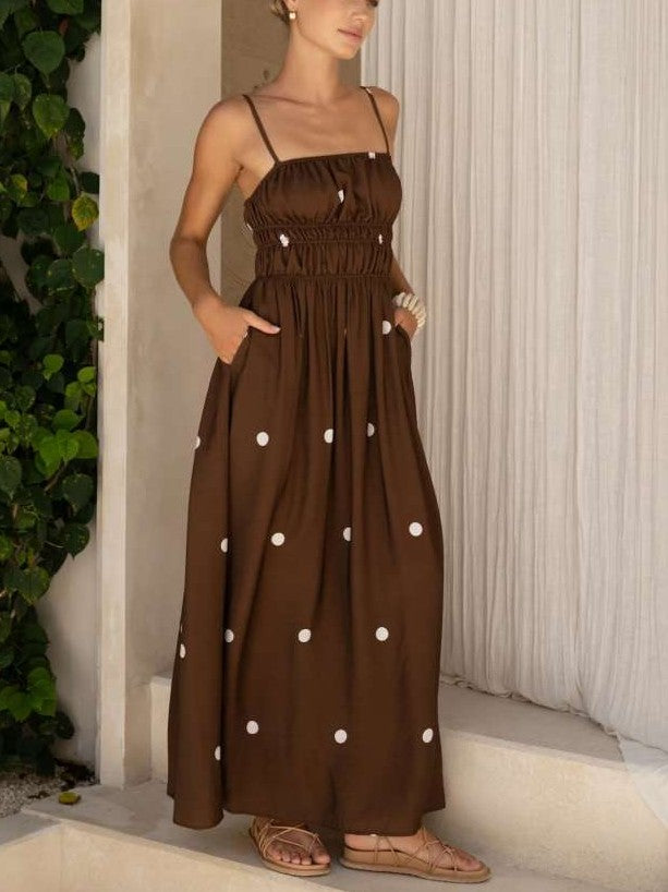 Summer Exclusive Smocked Polka Dots Sleeveless Coffee Maxi Dress