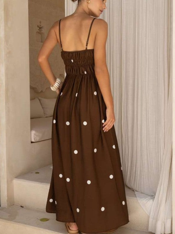 Summer Exclusive Smocked Polka Dots Sleeveless Coffee Maxi Dress