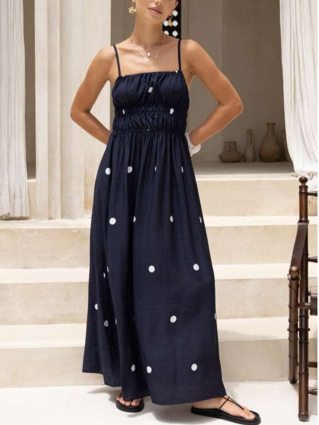 Summer Exclusive Smocked Polka Dots Sleeveless Blue Maxi Dress