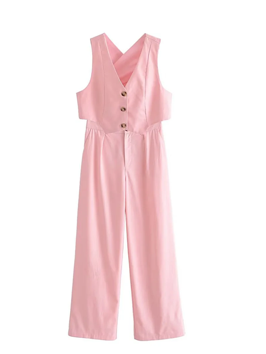 Summer Fashion Crop Waist Coat And Wide Leg Pink Pants Set