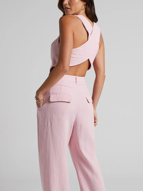 Summer Fashion Crop Waist Coat And Wide Leg Pink Pants Set