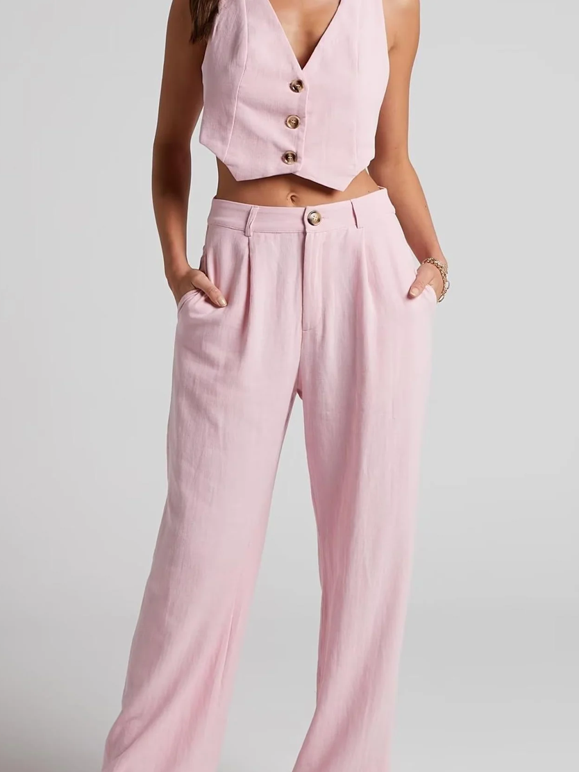 Summer Fashion Crop Waist Coat And Wide Leg Pink Pants Set