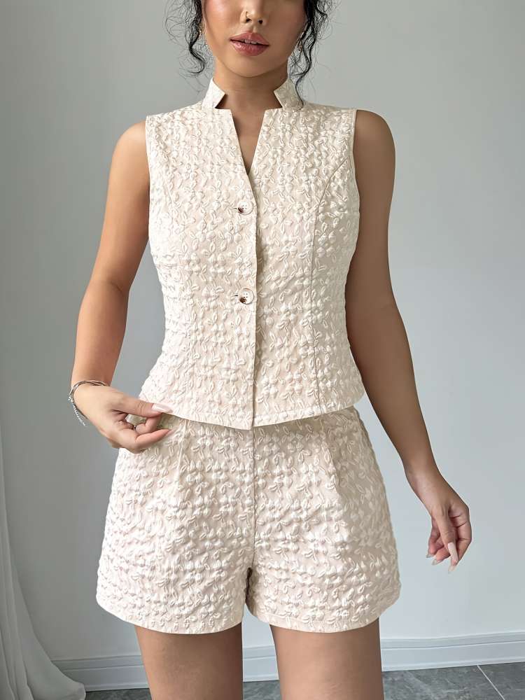 Summer Fashion Weave Floral Shorts Apricot Co Ord Set
