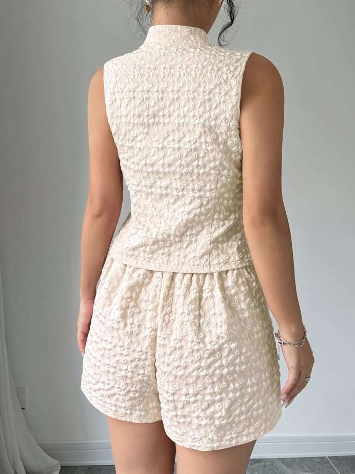 Summer Fashion Weave Floral Shorts Apricot Co Ord Set