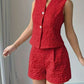 Summer Fashion Weave Floral Shorts Red Co Ord Set