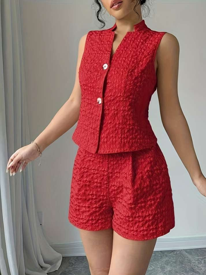 Summer Fashion Weave Floral Shorts Red Co Ord Set
