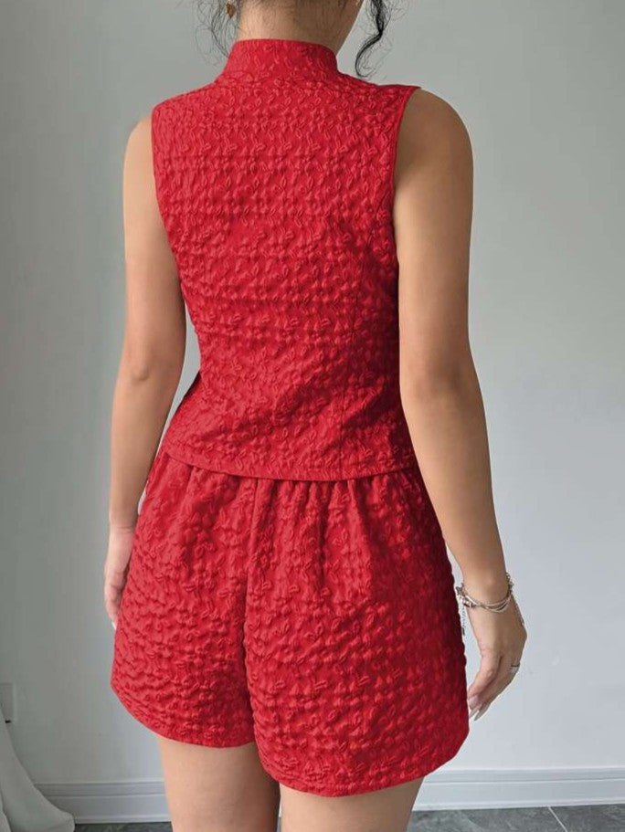 Summer Fashion Weave Floral Shorts Red Co Ord Set