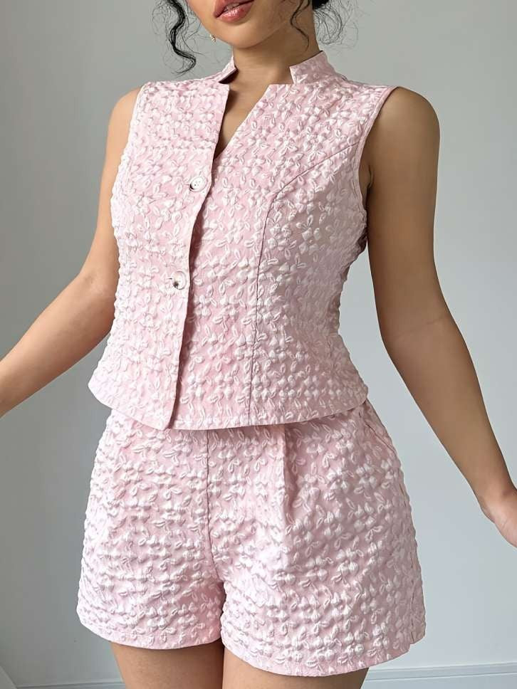 Summer Fashion Weave Floral Shorts Pink Co Ord Set