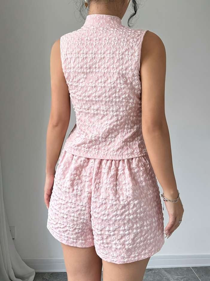 Summer Fashion Weave Floral Shorts Pink Co Ord Set