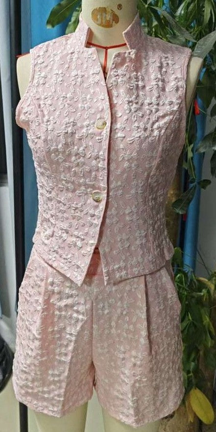Summer Fashion Weave Floral Shorts Pink Co Ord Set