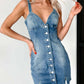 Summer Wear Denim Sleeveless V Neck Button Up Mini Dress