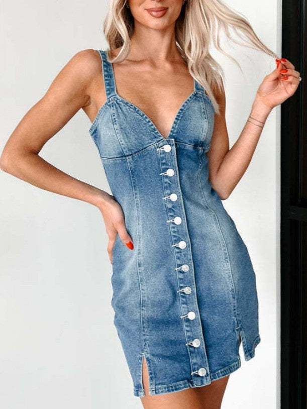 Summer Wear Denim Sleeveless V Neck Button Up Mini Dress