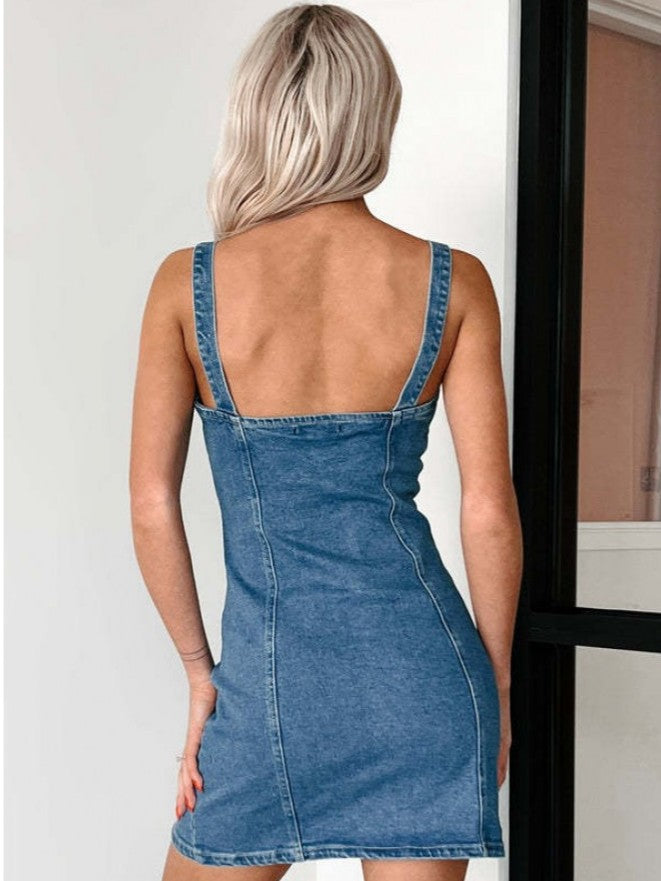 Summer Wear Denim Sleeveless V Neck Button Up Mini Dress