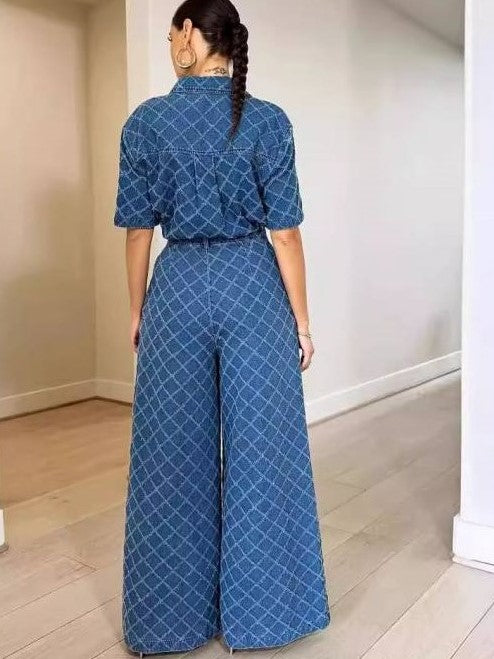 Super Stylish Plaid Denim Wide Leg Co ord Set