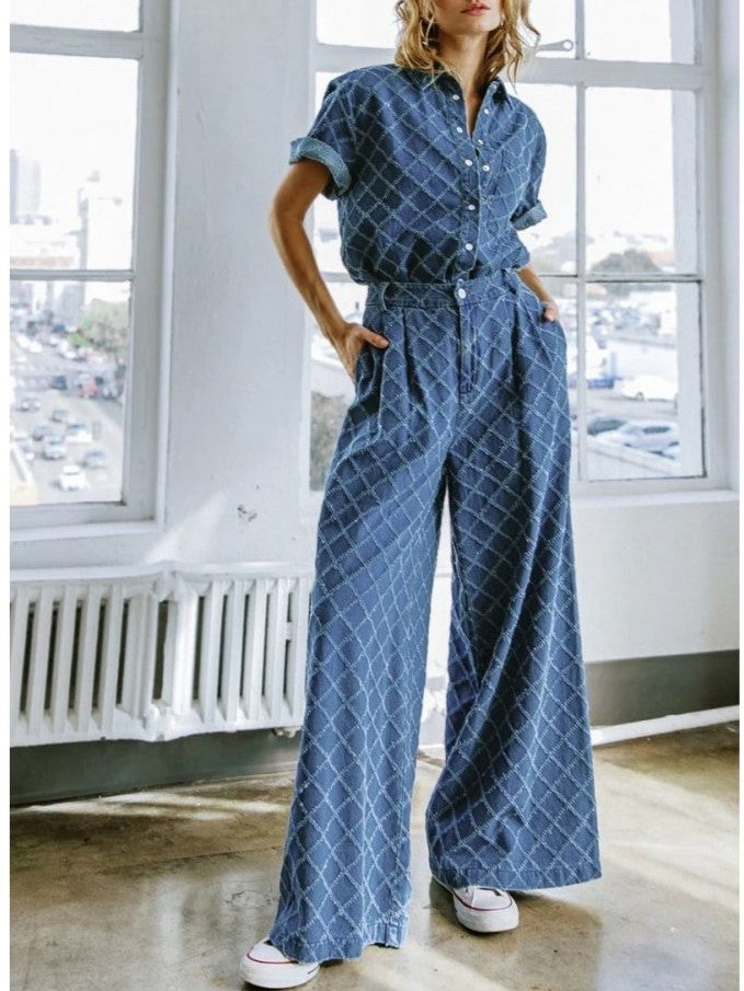 Super Stylish Plaid Denim Wide Leg Co ord Set