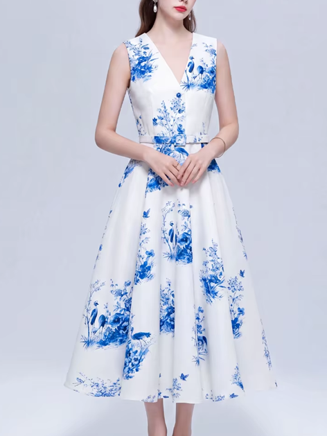 Sweet Bohemian Printed V Neck Sleeveless Slim Dress