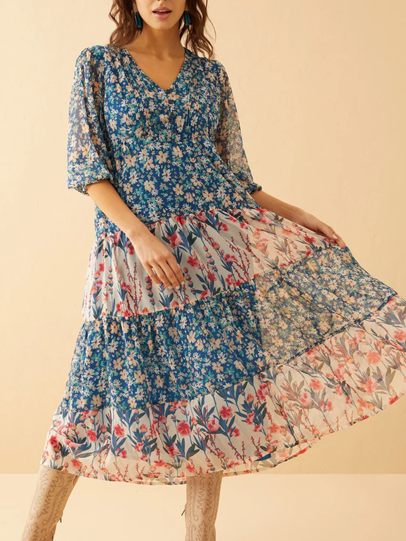 Sweet Floral Print Drop Waist Dress