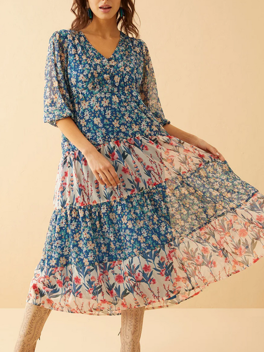 Sweet Floral Print Drop Waist Dress