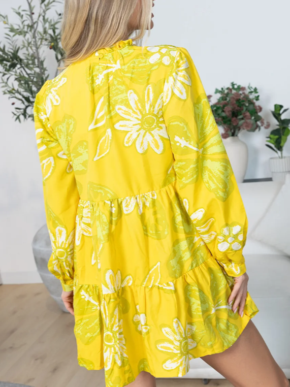 Sweet Floral Print Ruffle Yellow Dress