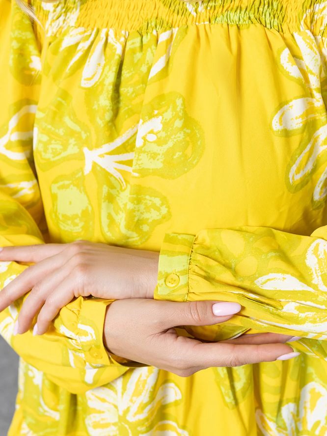 Sweet Floral Print Ruffle Yellow Dress