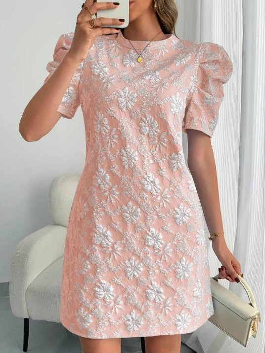 Sweet Floral Texture Puff Sleeve A Line Pink Mini Dress