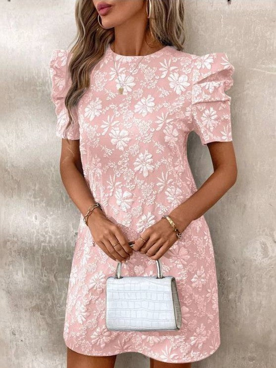 Sweet Floral Texture Puff Sleeve A Line Pink Mini Dress