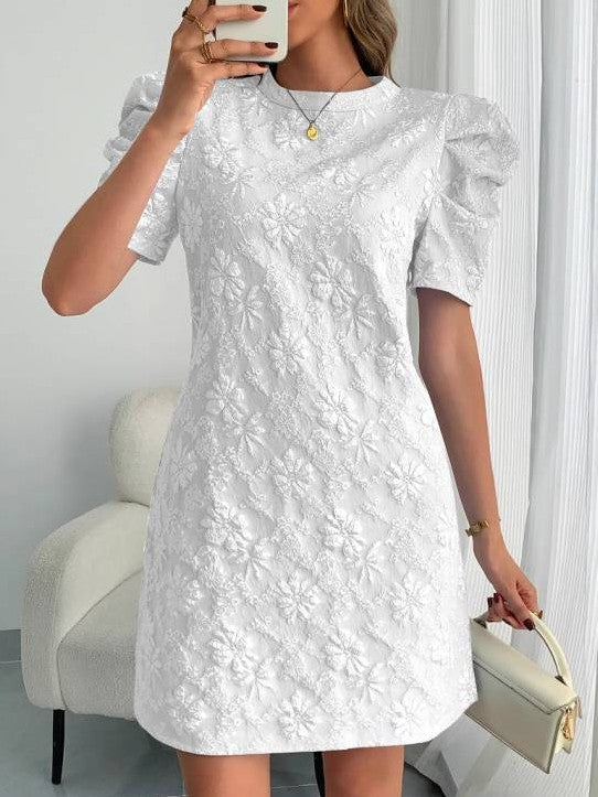 Sweet Floral Texture Puff Sleeve A Line White Mini Dress