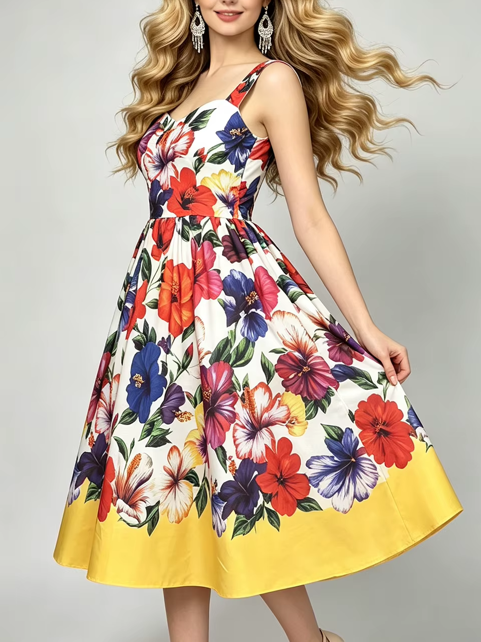 Sweet Flower Print Sleeveless Big Swing White Dress