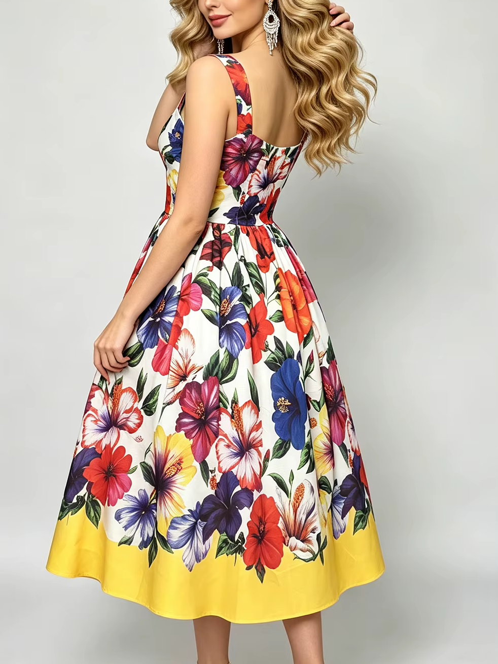Sweet Flower Print Sleeveless Big Swing White Dress