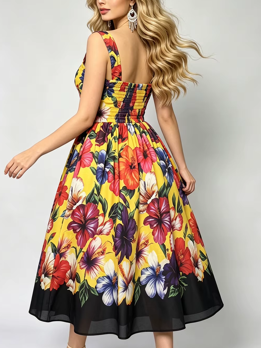 Sweet Flower Print Sleeveless Big Swing Yellow Dress
